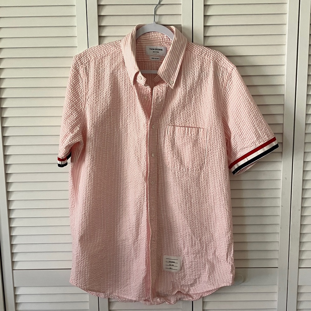 Thom Browne Pink Seersucker Short-Sleeve Button-Down with Tricolor Cuff Size XL